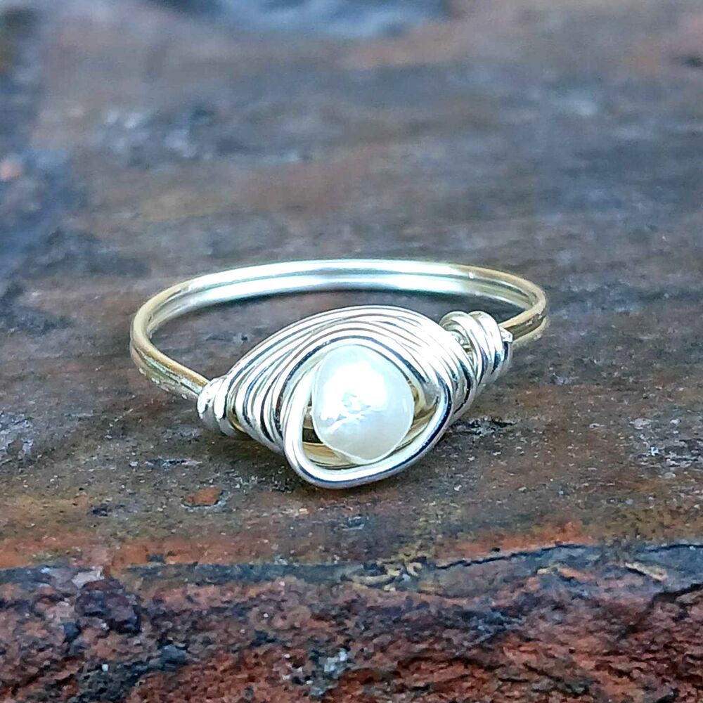 Dainty Pearl Beaded Ring, Wire Wrapped, Silver, Size 9 Minimalist Artisan